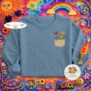 Embroidered Wildflower Pocket Sweatshirt, Aesthetic Butterfly Shirt