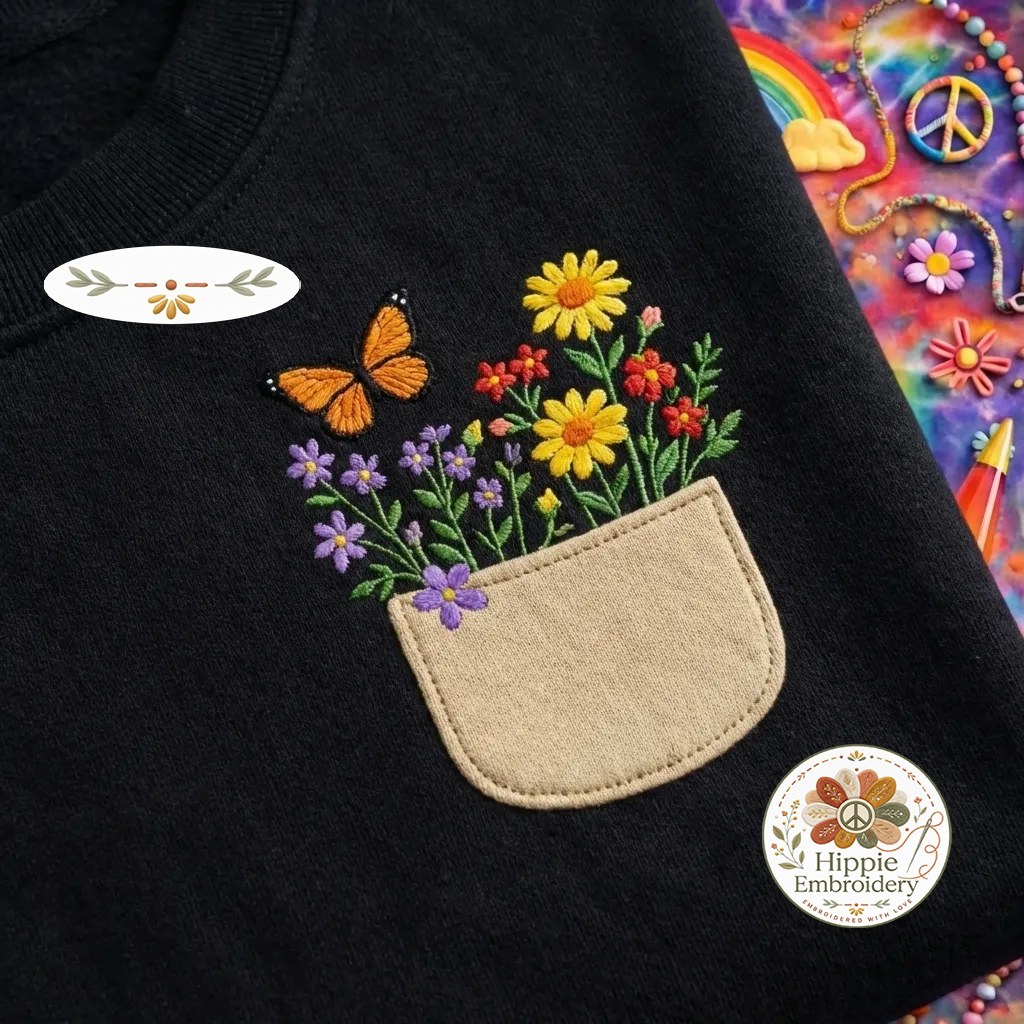 Embroidered Wildflower Pocket Sweatshirt, Aesthetic Butterfly Shirt