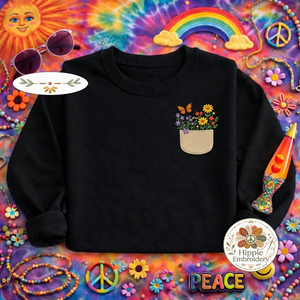 Embroidered Wildflower Pocket Sweatshirt, Aesthetic Butterfly Shirt