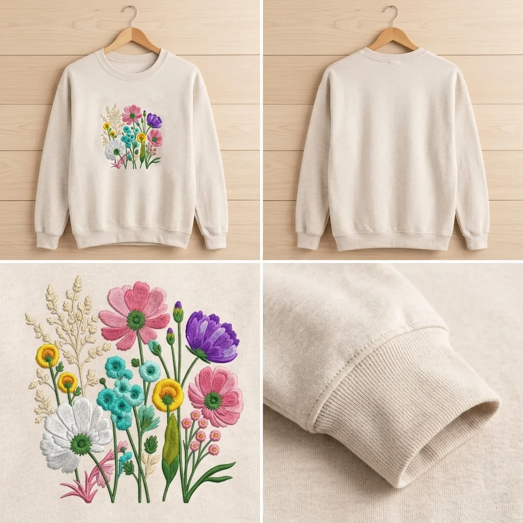 Embroidered Wildflower Retro Floral Sweatshirt, Botanical Crew
