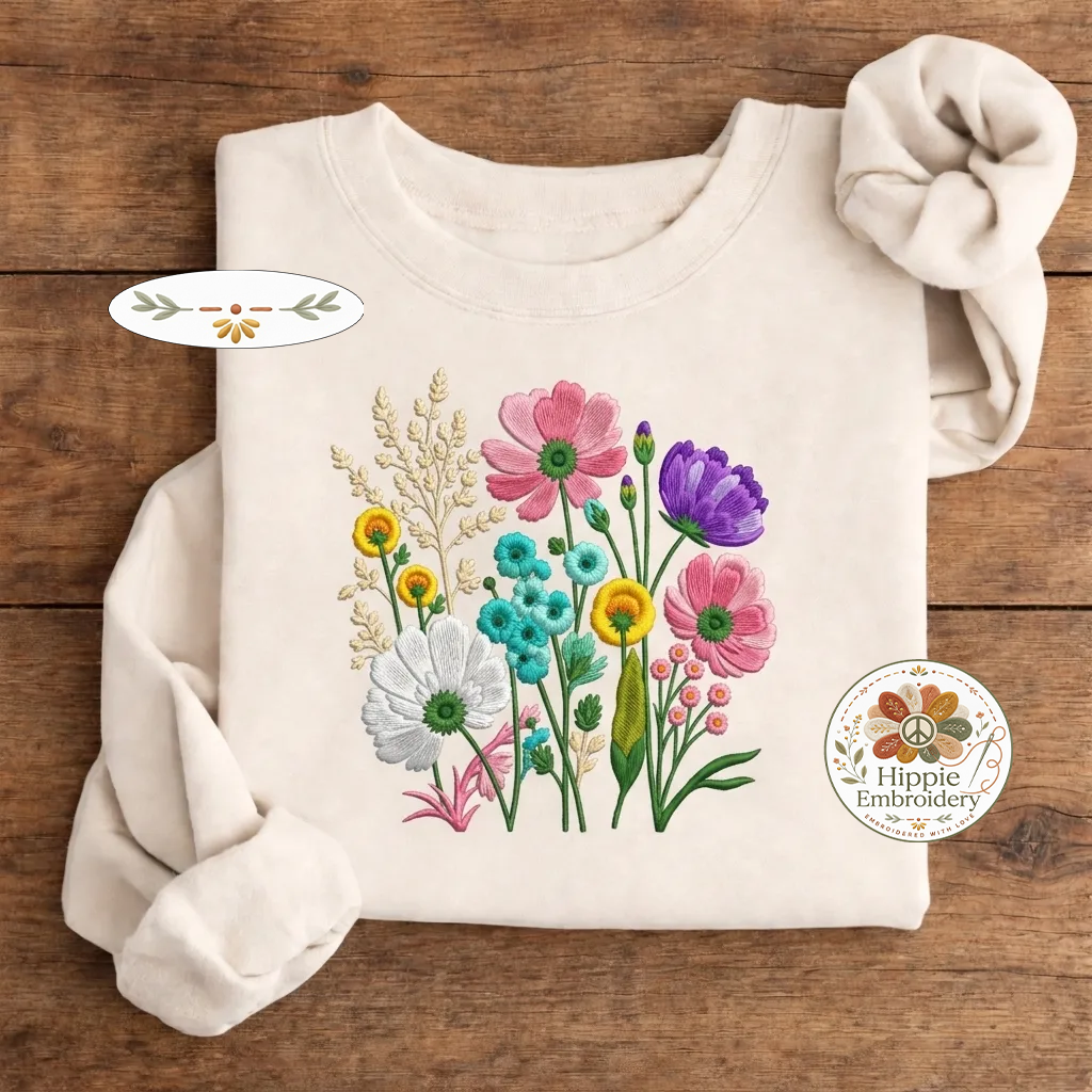 Embroidered Wildflower Retro Floral Sweatshirt, Botanical Crew