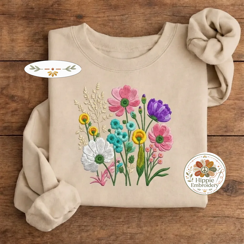 Embroidered Wildflower Retro Floral Sweatshirt, Botanical Crew