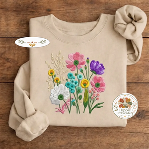 Embroidered Wildflower Retro Floral Sweatshirt, Botanical Crew