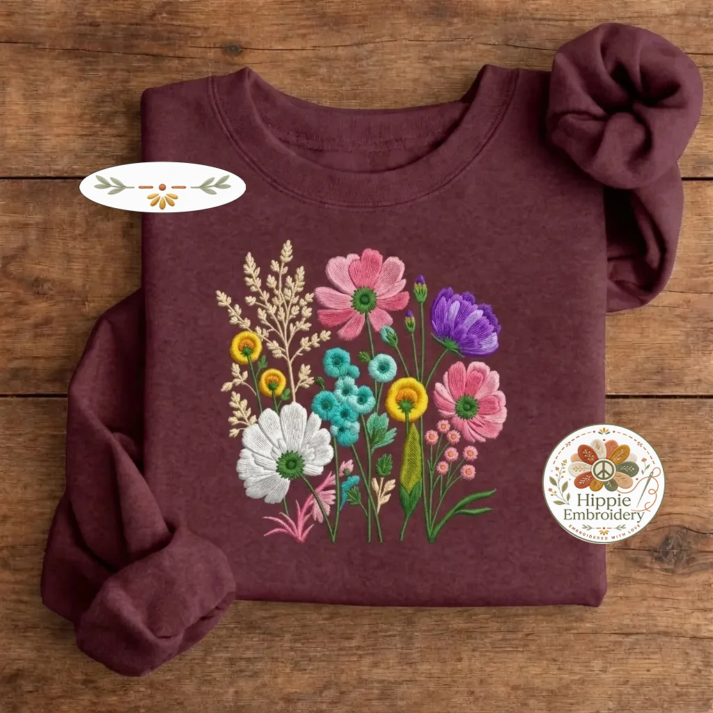 Embroidered Wildflower Retro Floral Sweatshirt, Botanical Crew