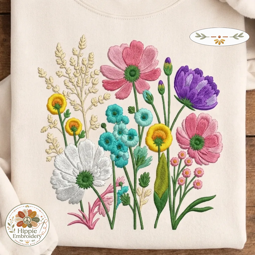 Embroidered Wildflower Retro Floral Sweatshirt, Botanical Crew