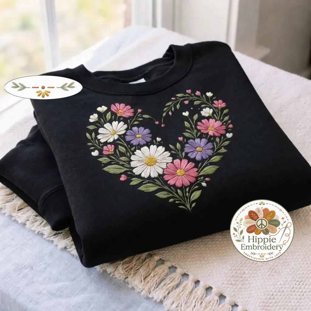 Embroidered Wildflower Sweatshirt, Floral Heart Mothers Day Gift, Vintage Cottagecore Crewneck, Boho Botanical Goblincore Nature Shirt - 0337