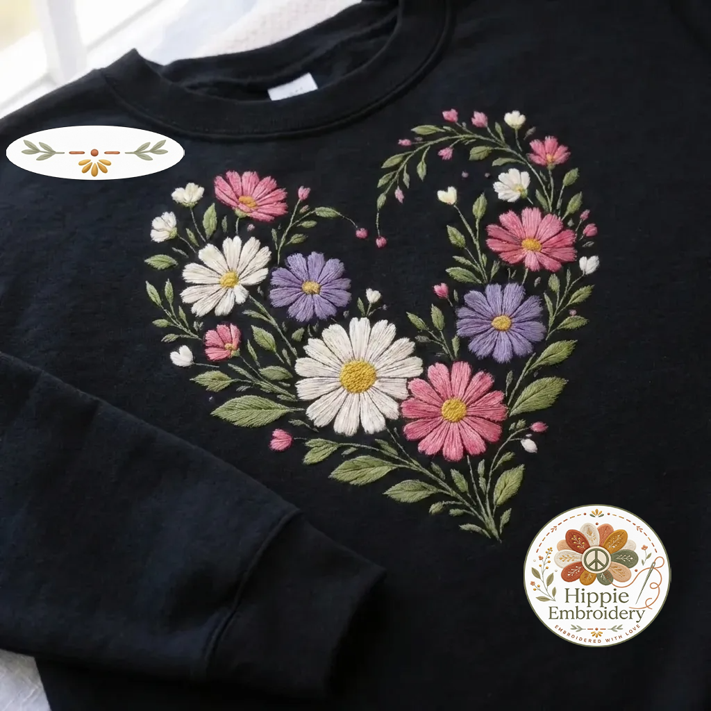 Embroidered Wildflower Sweatshirt, Floral Heart Mothers Day Gift, Vintage Cottagecore Crewneck, Boho Botanical Goblincore Nature Shirt - 0337