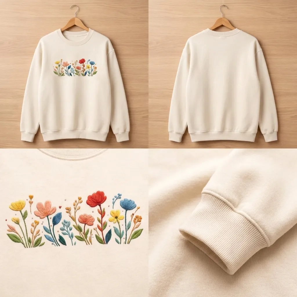 Embroidered Wildflowers Sweatshirt, Floral Boho Botanical Crewneck