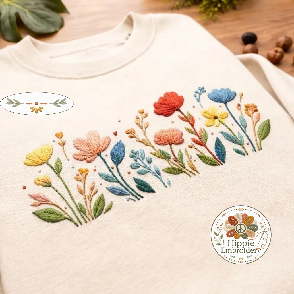 Embroidered Wildflowers Sweatshirt, Floral Boho Botanical Crewneck