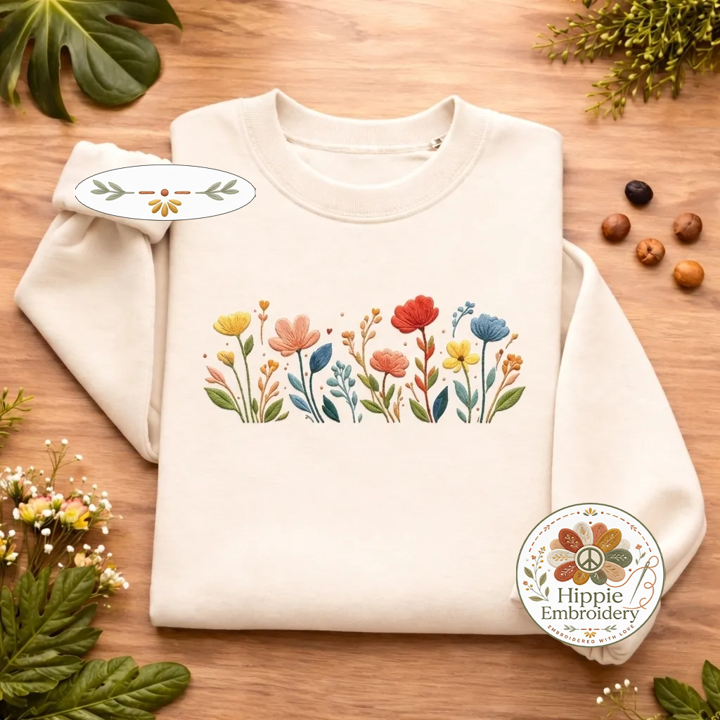 Embroidered Wildflowers Sweatshirt, Floral Boho Botanical Crewneck