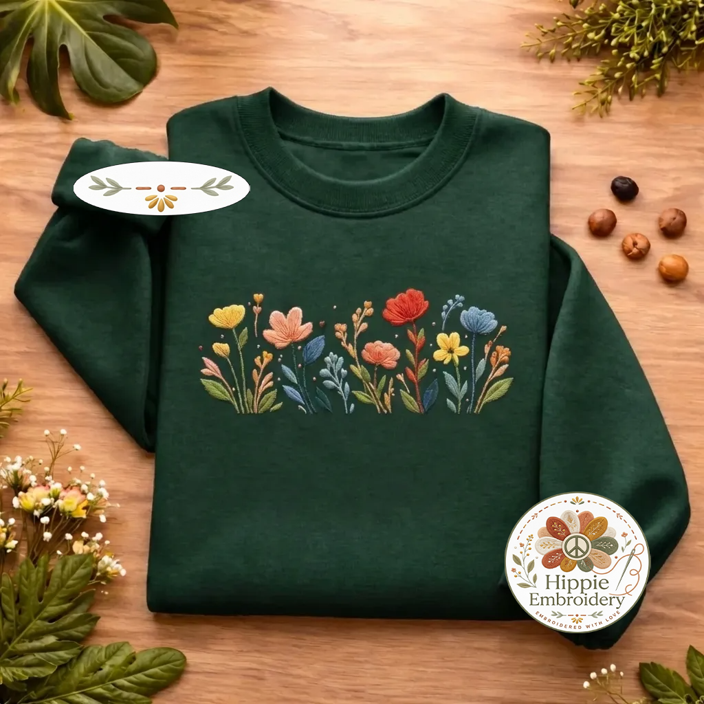 Embroidered Wildflowers Sweatshirt, Floral Boho Botanical Crewneck