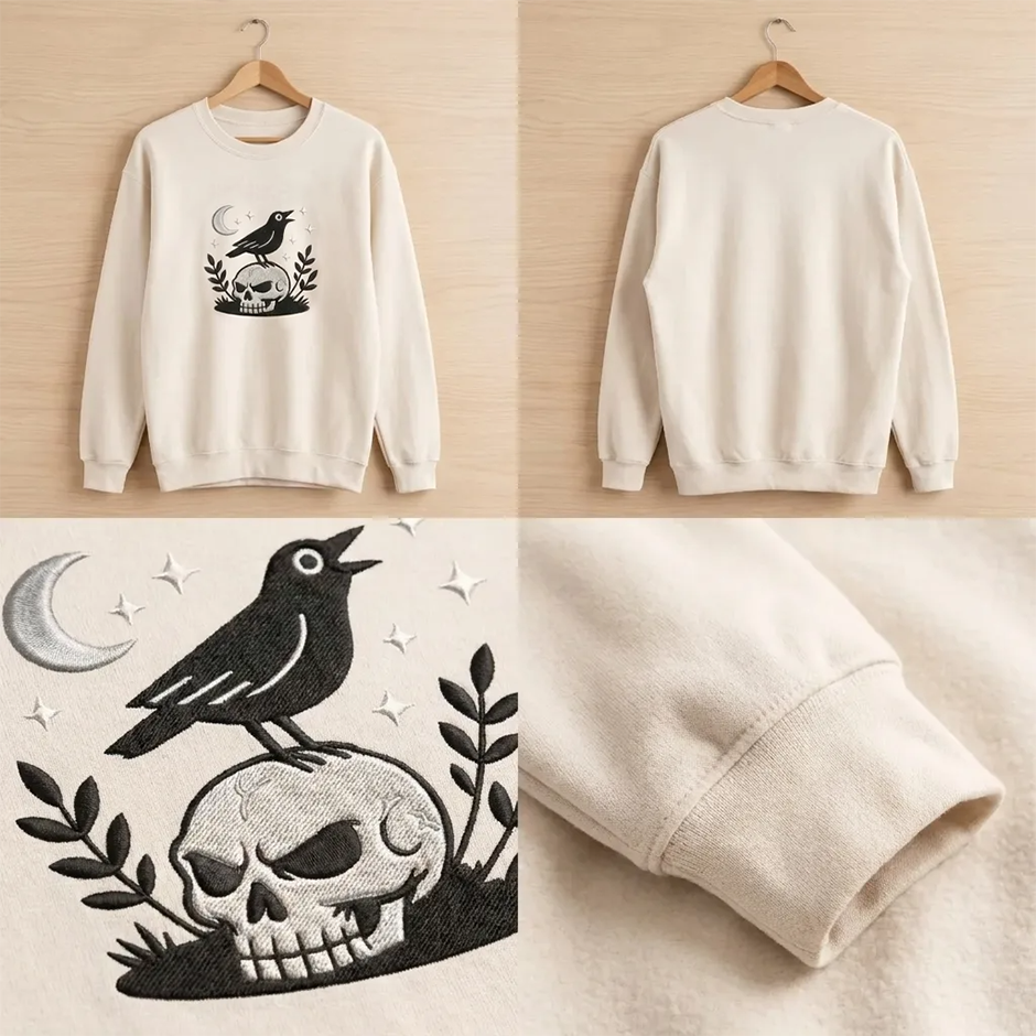 Embroidered Witchy Crow Skull Shirt, Gothic Raven Occult Crew