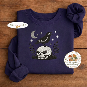 Embroidered Witchy Crow Skull Shirt, Gothic Raven Occult Crew