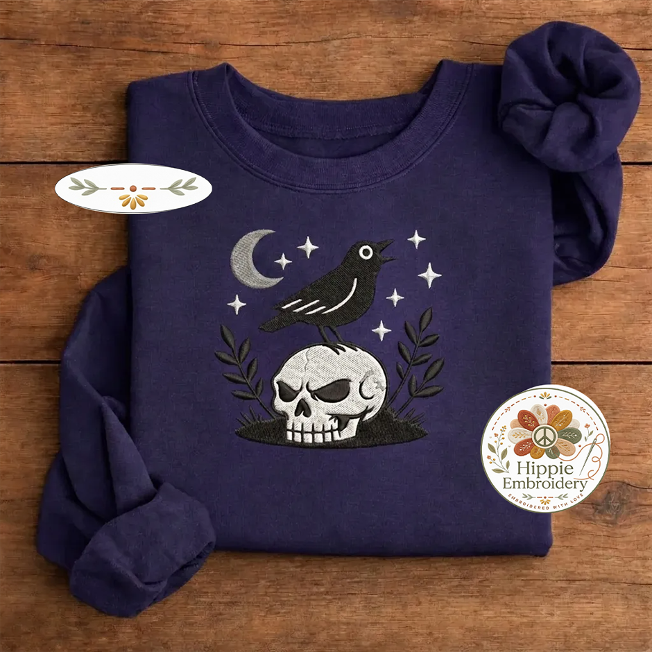 Embroidered Witchy Crow Skull Shirt, Gothic Raven Occult Crew