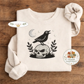 Embroidered Witchy Crow Skull Shirt, Gothic Raven Occult Crew