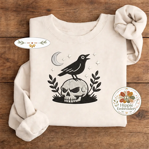 Embroidered Witchy Crow Skull Shirt, Gothic Raven Occult Crew