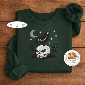Embroidered Witchy Crow Skull Shirt, Gothic Raven Occult Crew