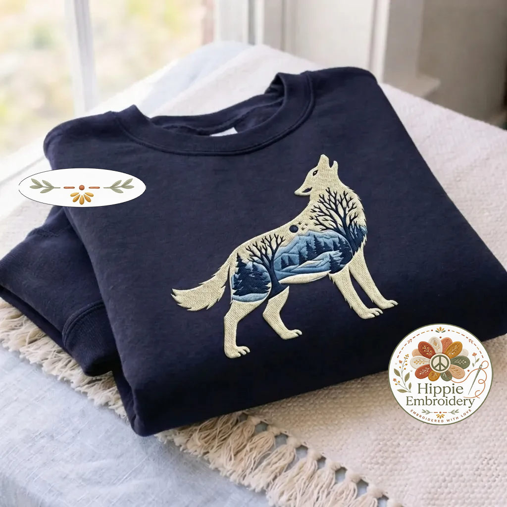 Embroidered Wolf Nature Shirt, Winter Landscape Wolf Crewneck