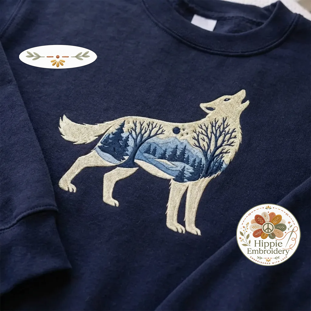 Embroidered Wolf Nature Shirt, Winter Landscape Wolf Crewneck