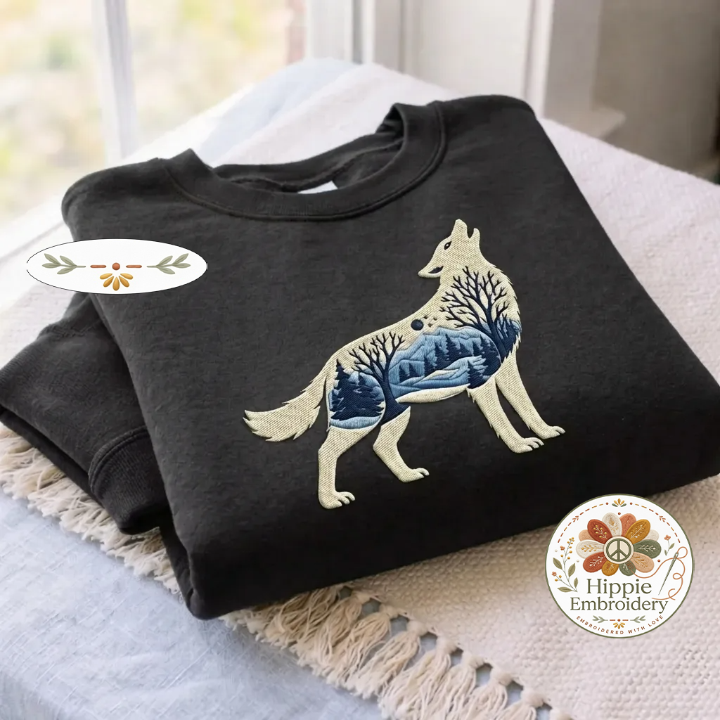 Embroidered Wolf Nature Shirt, Winter Landscape Wolf Crewneck