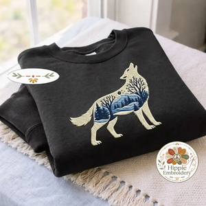Embroidered Wolf Nature Shirt, Winter Landscape Wolf Crewneck