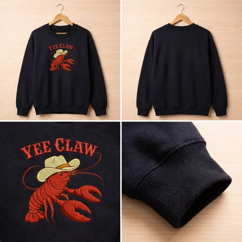 Embroidered Yee Claw Sweatshirt, Funny Cowboy Crawfish Crewneck
