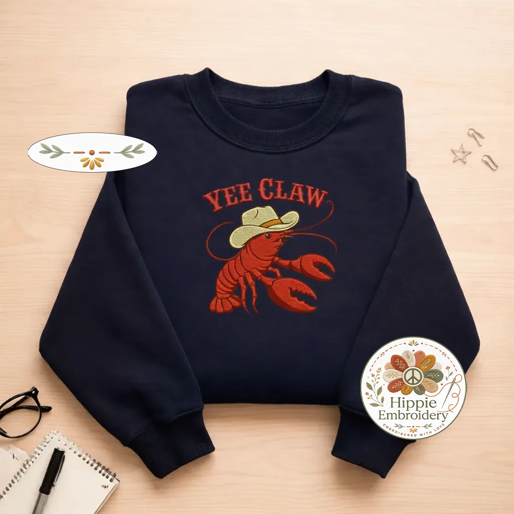Embroidered Yee Claw Sweatshirt, Funny Cowboy Crawfish Crewneck