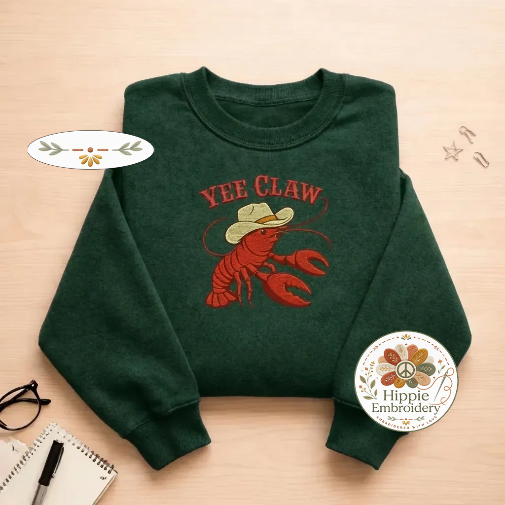 Embroidered Yee Claw Sweatshirt, Funny Cowboy Crawfish Crewneck