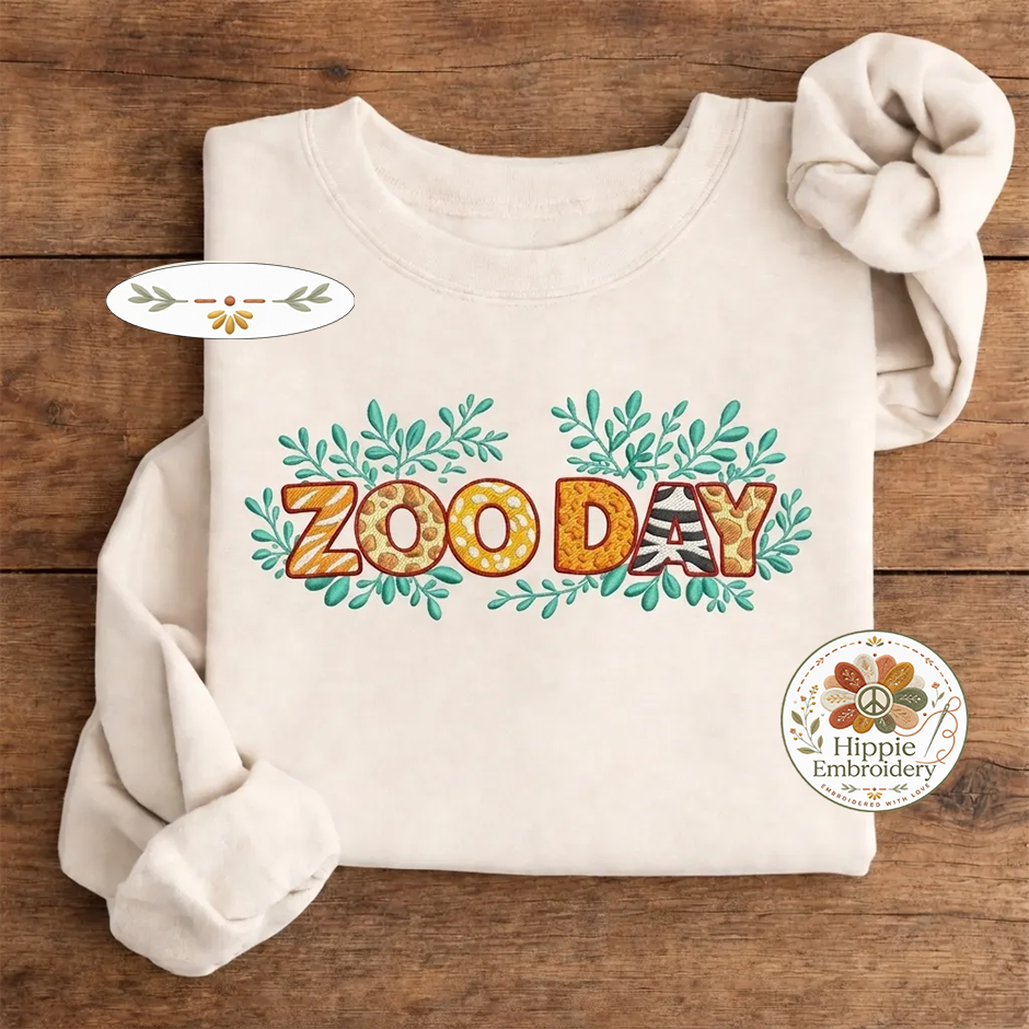 Embroidered Zoo Day Shirt, Animal Print Alphabet Safari Crew