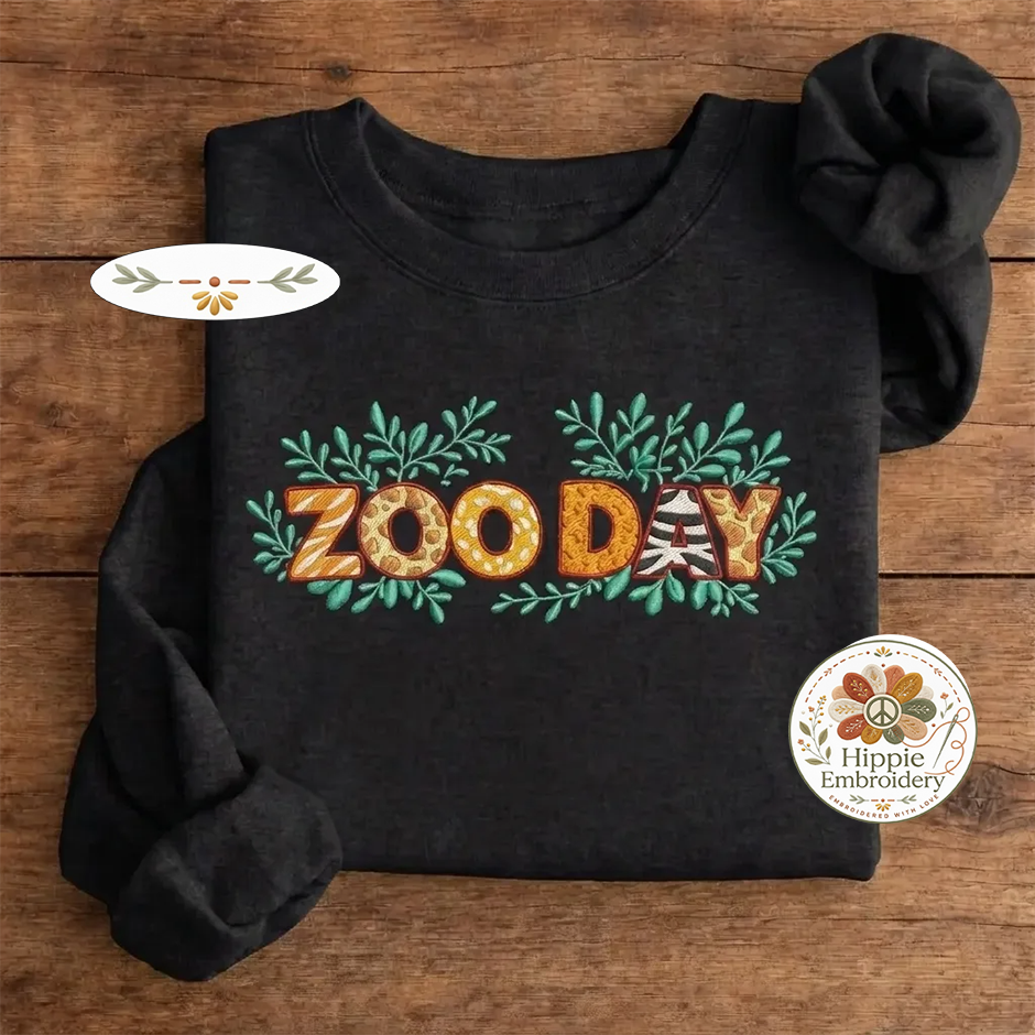Embroidered Zoo Day Shirt, Animal Print Alphabet Safari Crew
