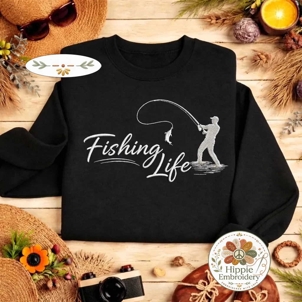 Embroidered Fishing Life Sweatshirt, Funny Fisherman Crewneck