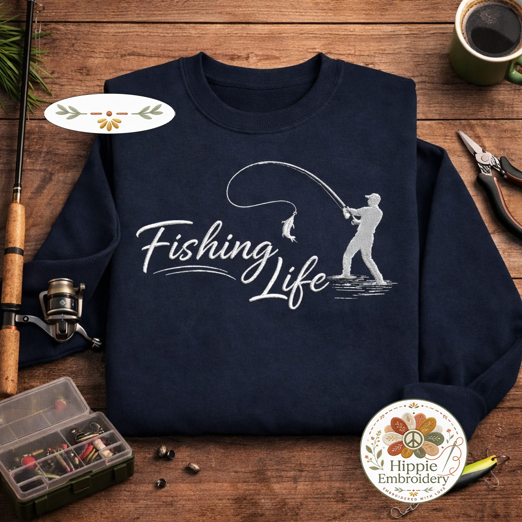Embroidered Fishing Life Sweatshirt, Funny Fisherman Crewneck