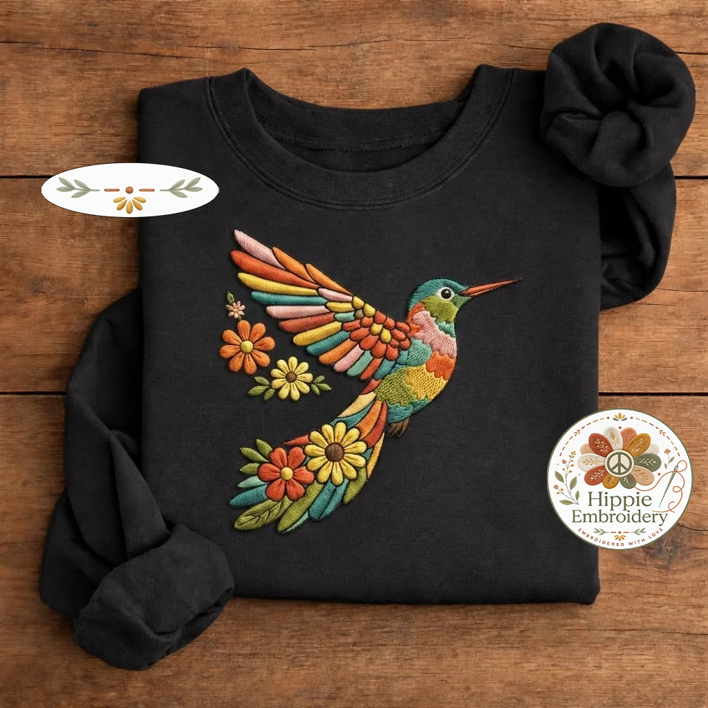 Floral Hummingbird Embroidered Shirt, Bird Lover Flower Crewneck