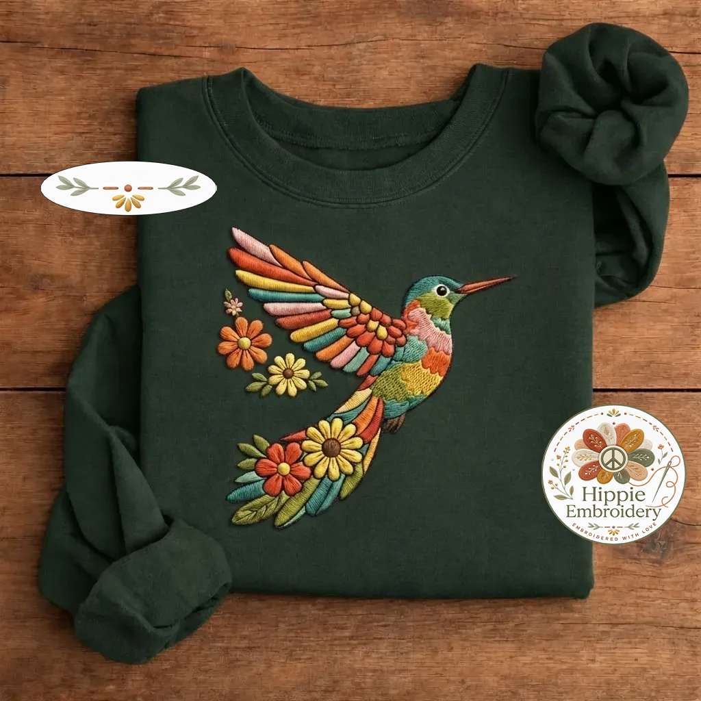 Floral Hummingbird Embroidered Shirt, Bird Lover Flower Crewneck
