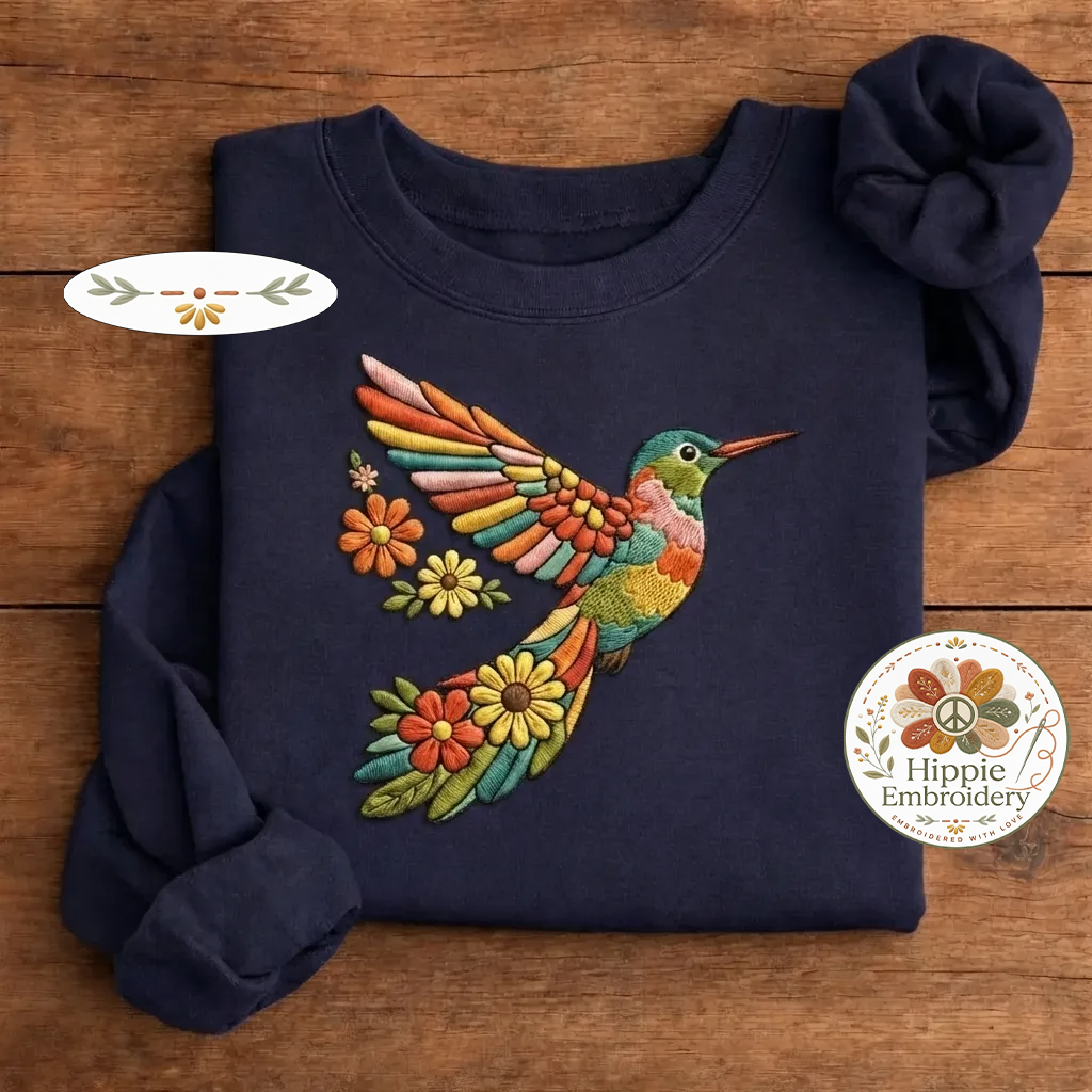 Floral Hummingbird Embroidered Shirt, Bird Lover Flower Crewneck