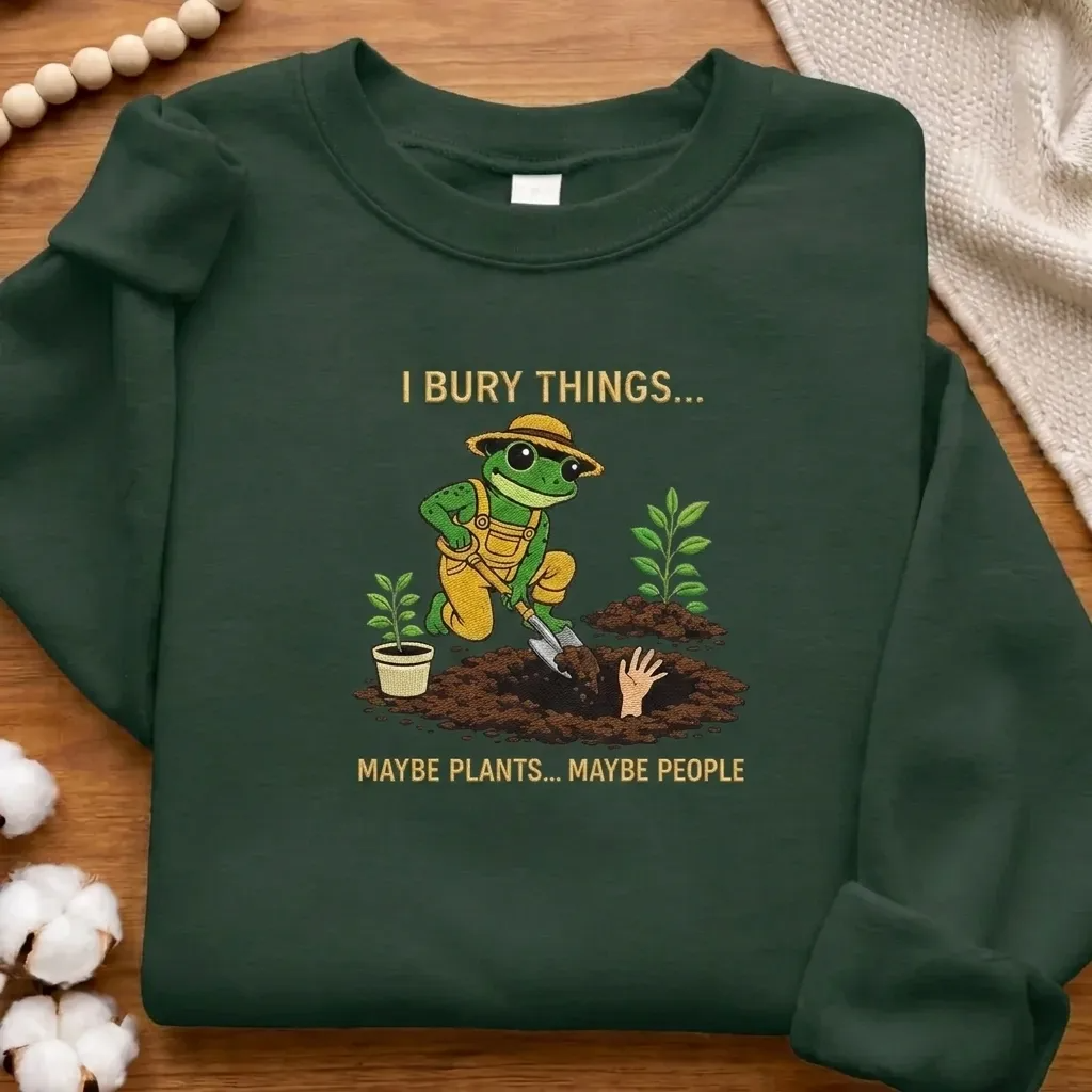 Funny I Bury Things Embroidered Sweatshirt, Dark Humor Frog Crew