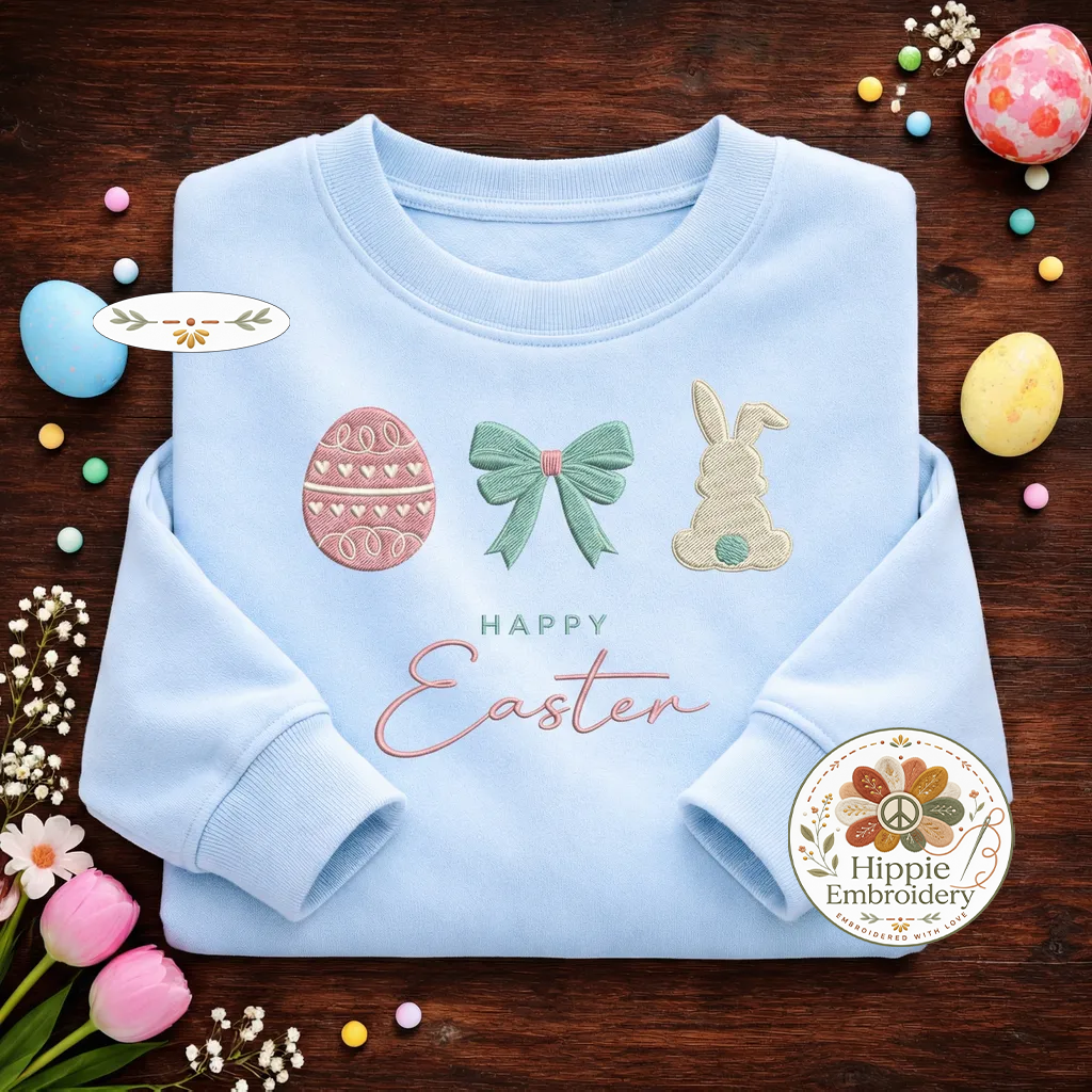 Happy Easter Embroidered Sweatshirt, Egg Bow & Bunny Top