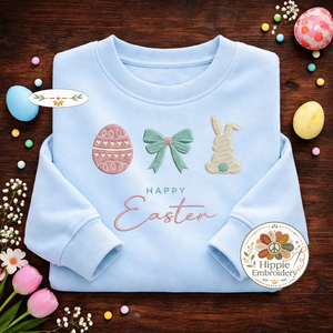 Happy Easter Embroidered Sweatshirt, Egg Bow & Bunny Top