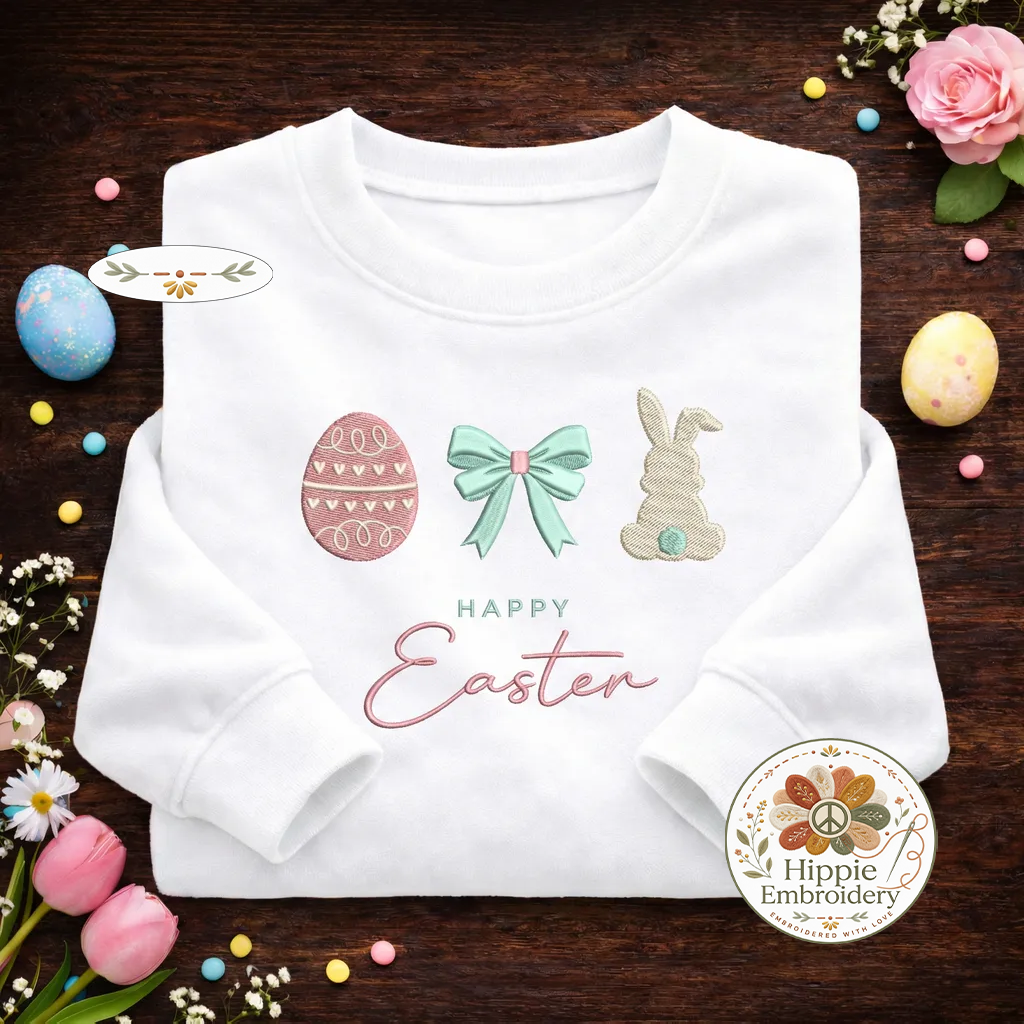 Happy Easter Embroidered Sweatshirt, Egg Bow & Bunny Top