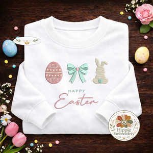 Happy Easter Embroidered Sweatshirt, Egg Bow & Bunny Top