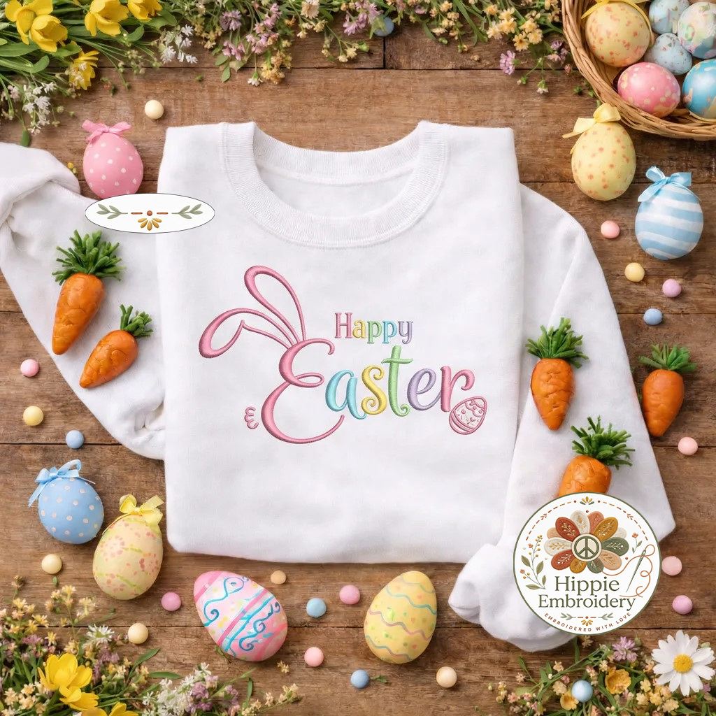 Happy Easter Embroidered Sweatshirt, Pastel Bunny Ears Top