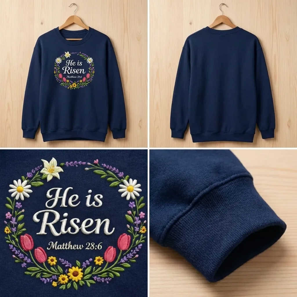 He Is Risen Embroidered Sweatshirt, Christian Easter Floral Shirt