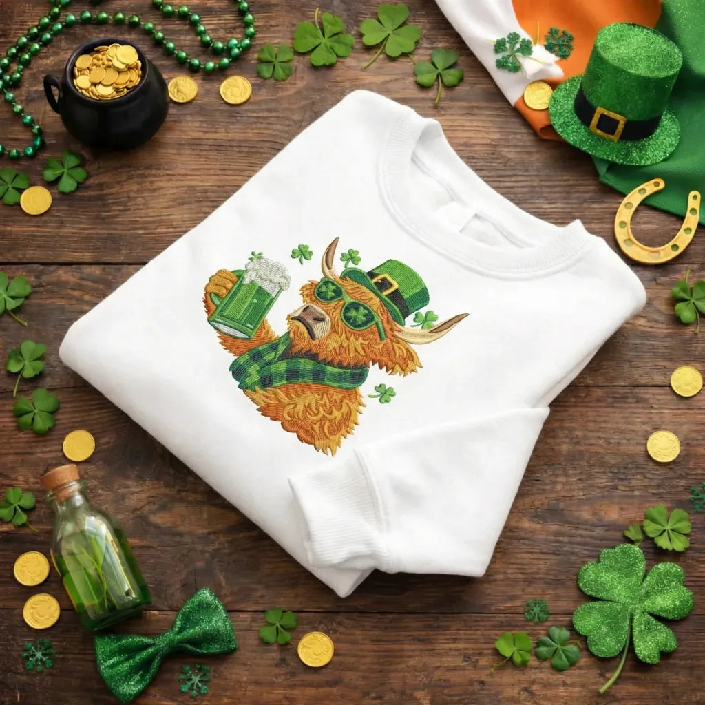 Highland Cow Embroidered Sweatshirt, Irish Beer Top