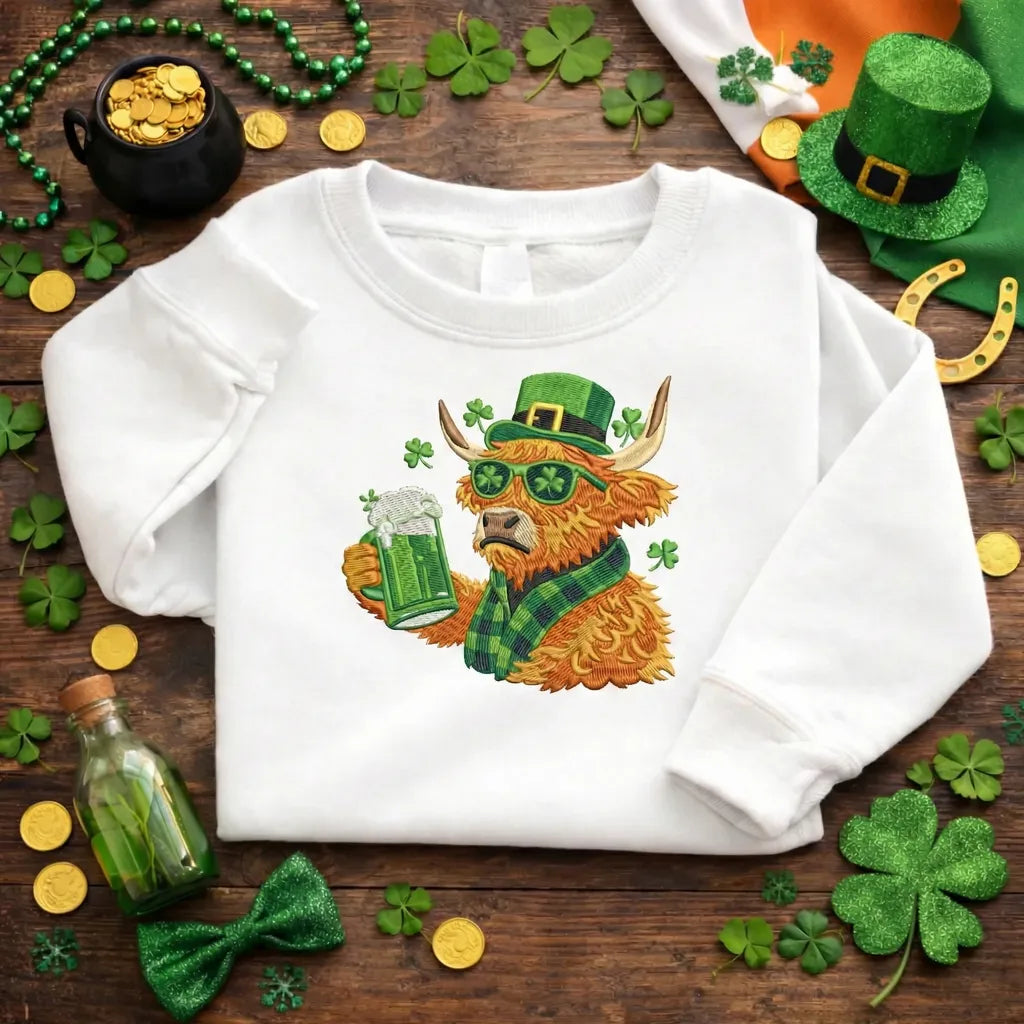 Highland Cow Embroidered Sweatshirt, Irish Beer Top