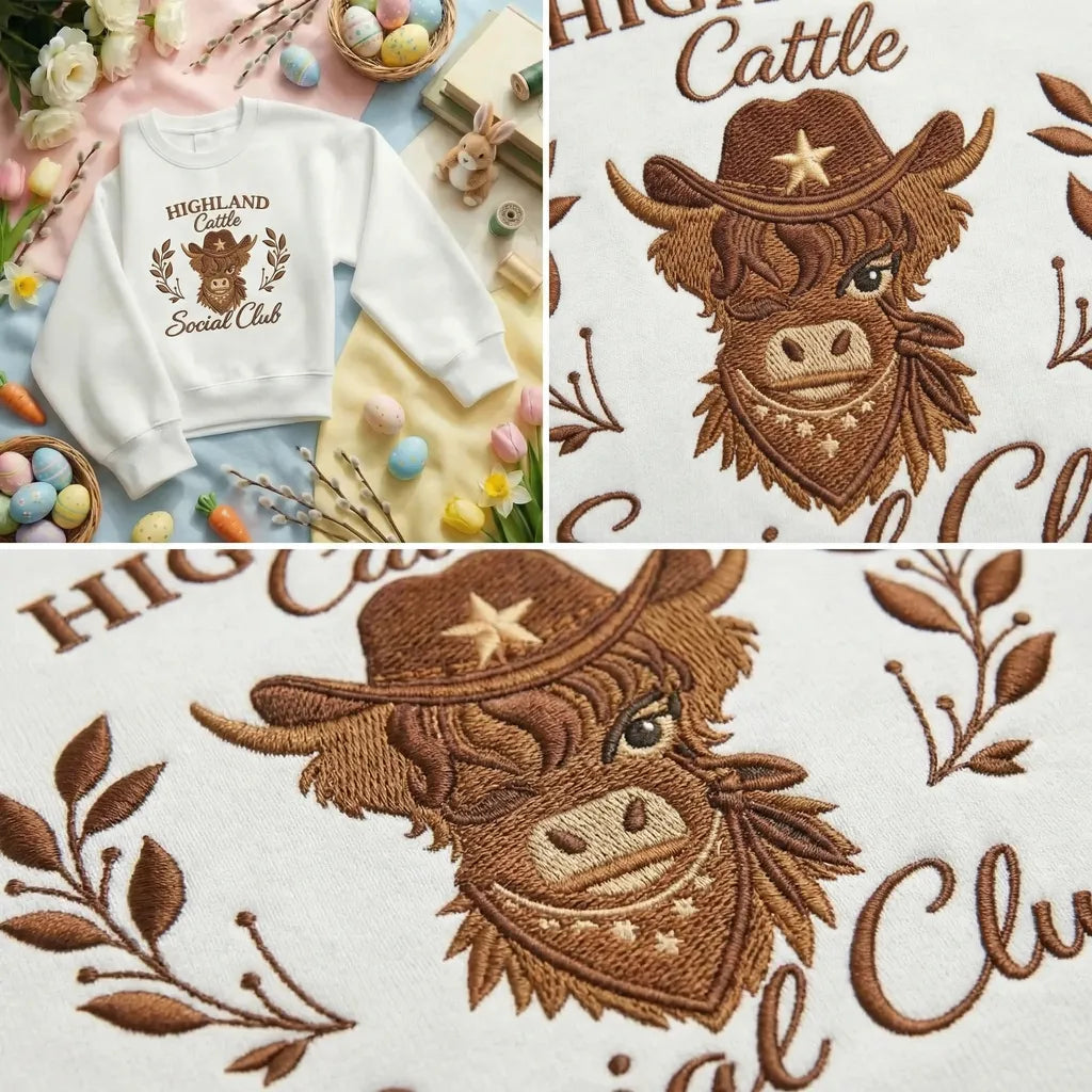 Highland Cow Social Club Embroidered Sweatshirt, Western Top