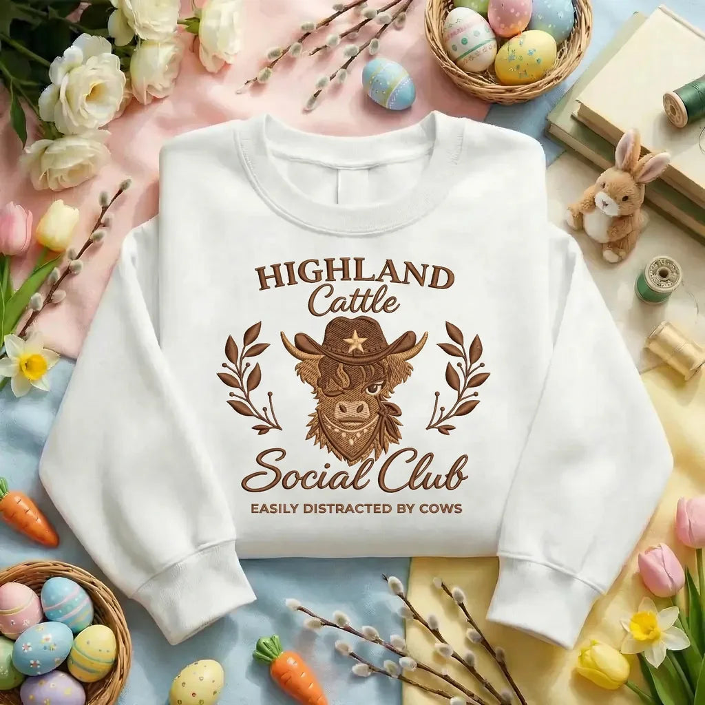 Highland Cow Social Club Embroidered Sweatshirt, Western Top