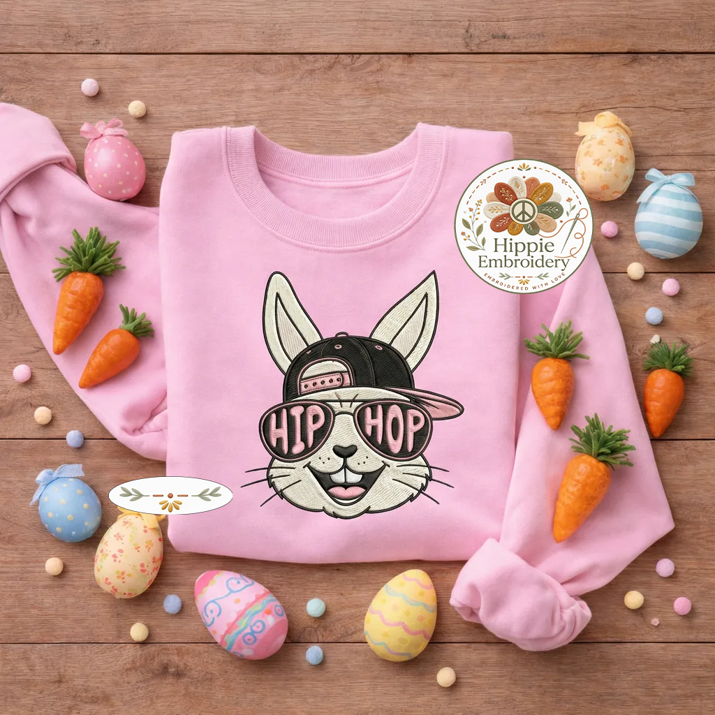 Hip Hop Bunny Embroidered Sweatshirt, Cool Easter Rabbit Top