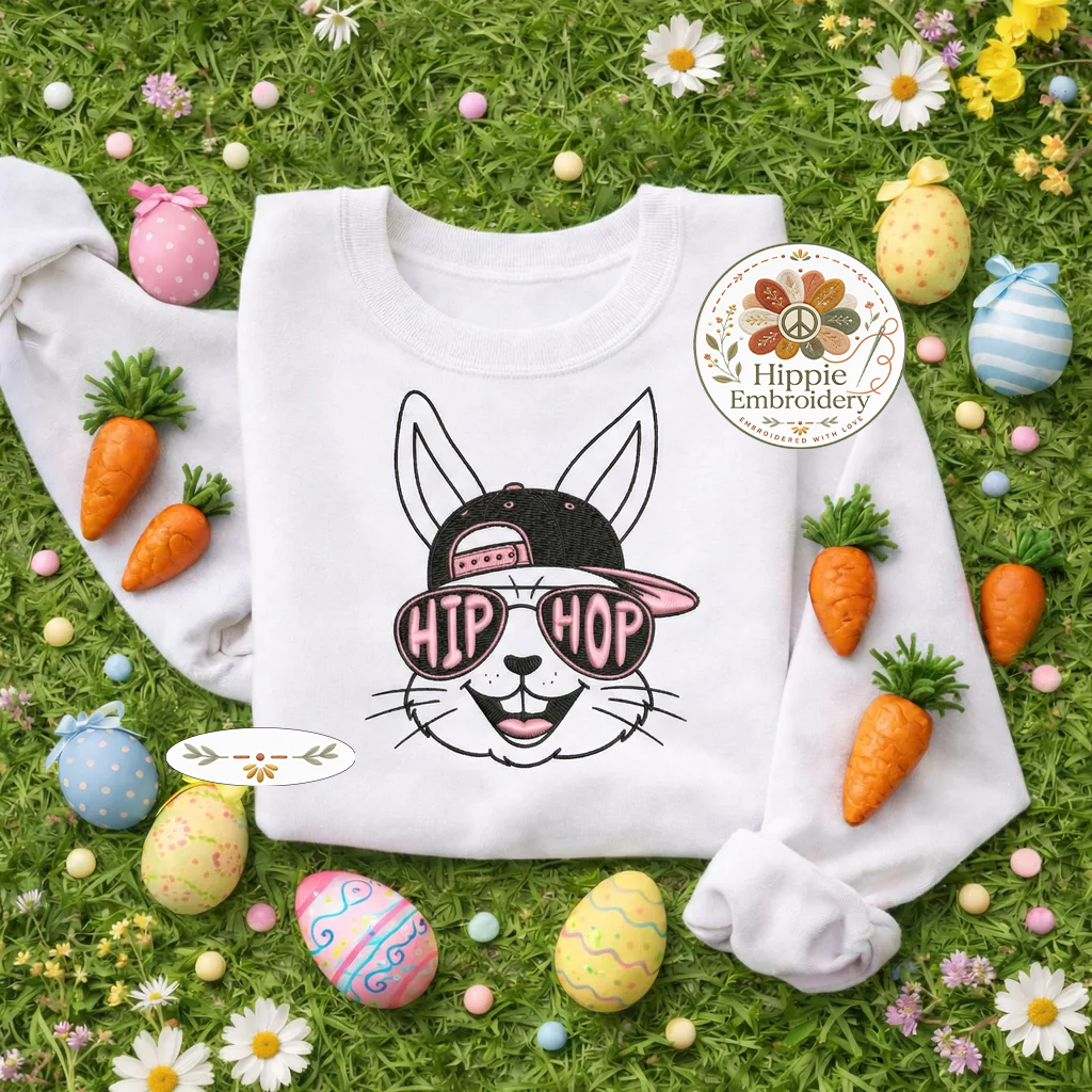 Hip Hop Bunny Embroidered Sweatshirt, Cool Easter Rabbit Top