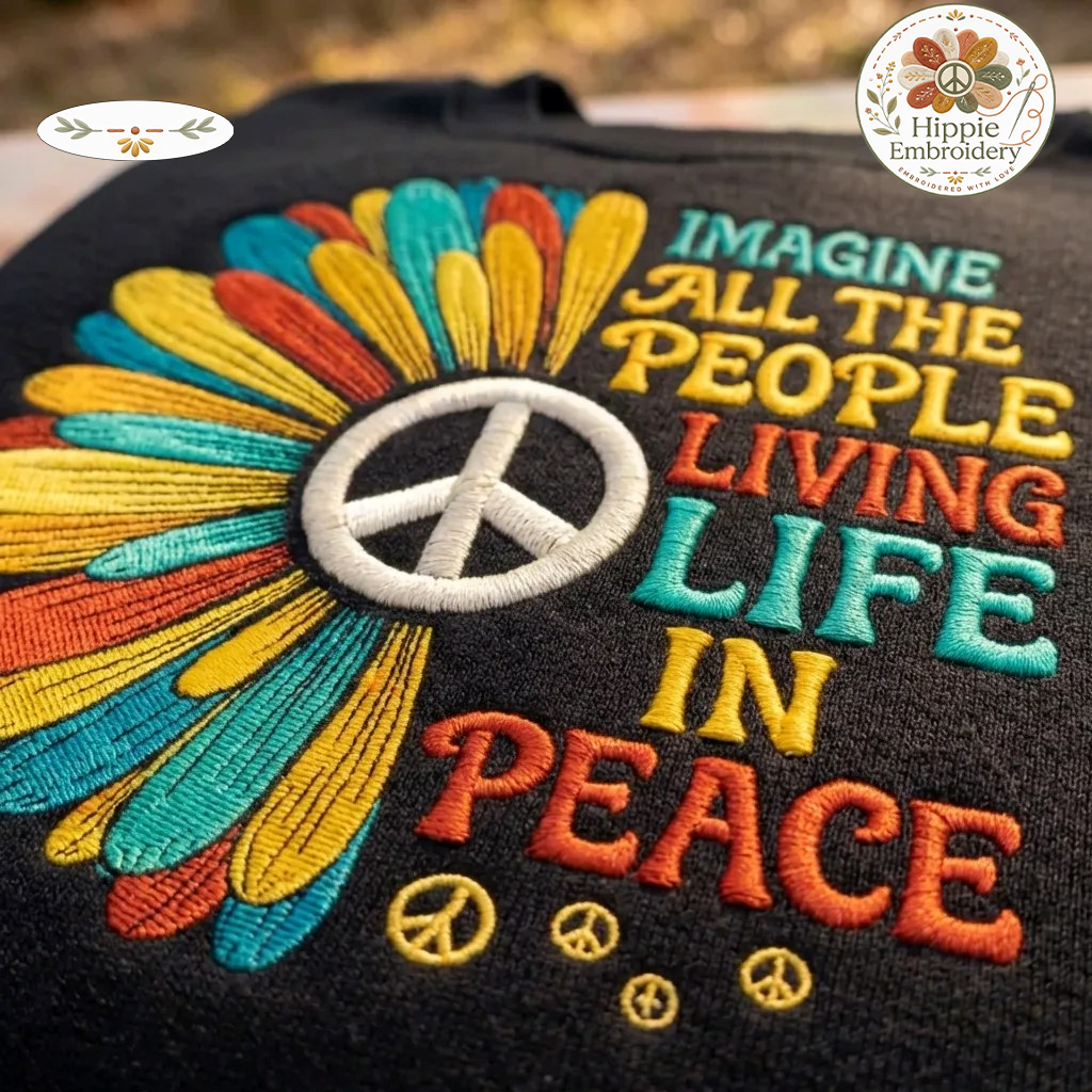 Imagine Peace Embroidered Sweatshirt, Retro Hippie Sunflower Shirt