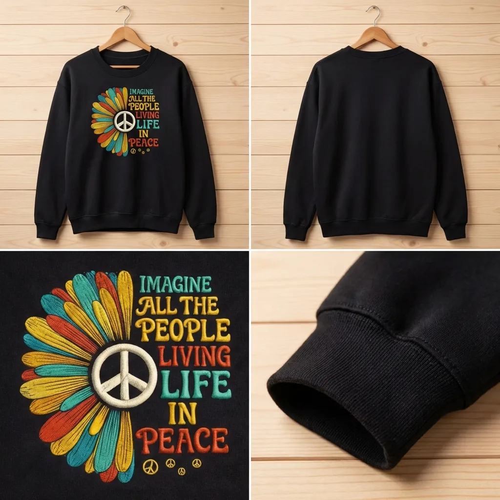 Imagine Peace Embroidered Sweatshirt, Retro Hippie Sunflower Shirt